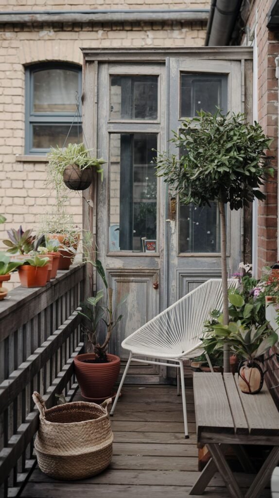 A very small and cute rustic balcony features a white woven chair, a wooden bench, a profusion of potted and hanging plants, a large woven basket, and an old wooden door against a brick wall.