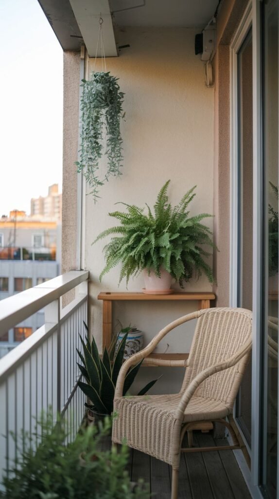 A very small and inviting balcony features a cute woven chair, a large fern on a wooden shelf, a snake plant on the floor, and a delicate hanging plant, all enclosed by a white railing.