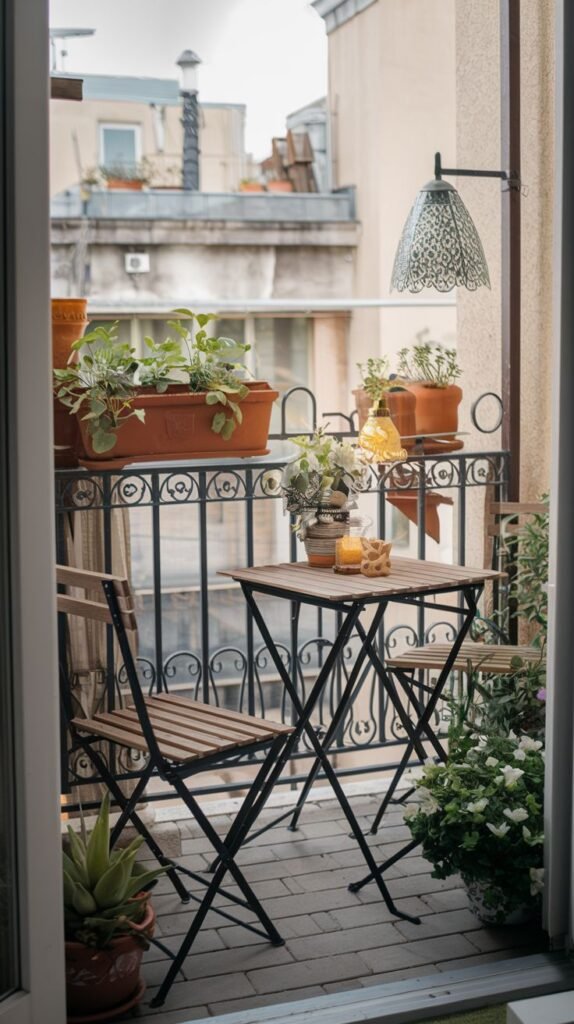 A cute, very small balcony decorated with a wooden folding table and two chairs, featuring numerous potted plants and plant boxes on a decorative metal railing, with distant buildings visible.