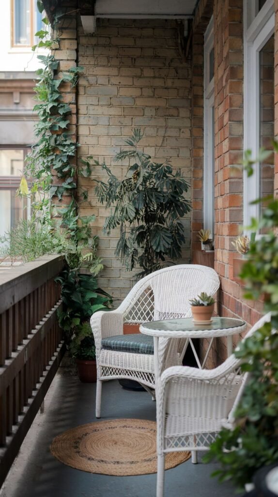 A very small and cute balcony space with two white woven chairs and a small glass-top table resting on a round jute rug, surrounded by climbing ivy and potted plants against a brick wall.