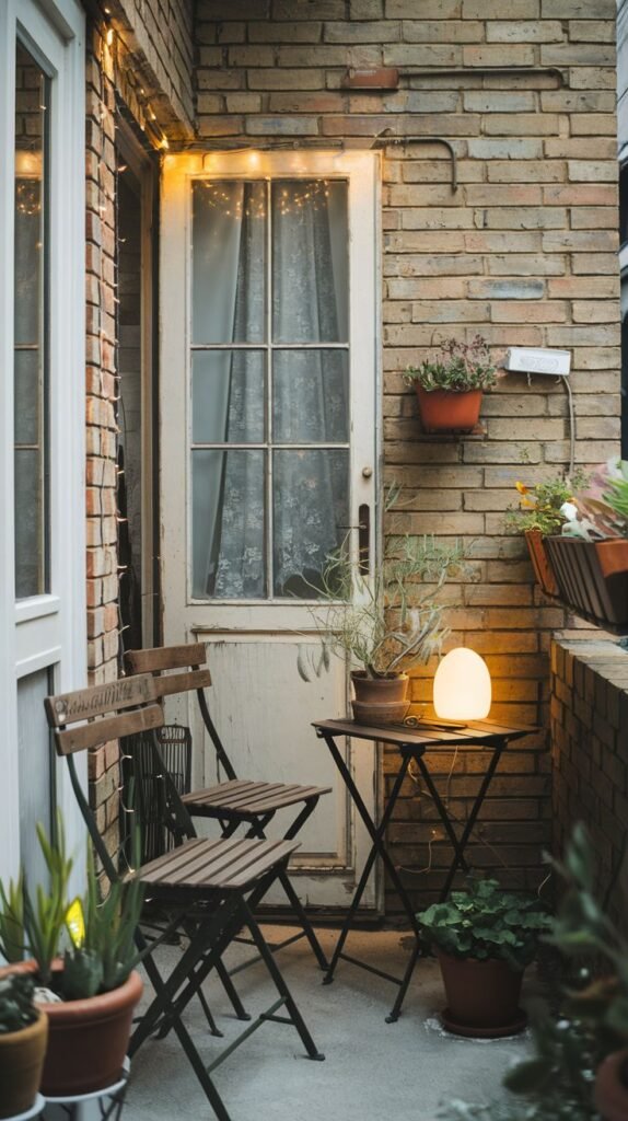 This cute, very small balcony is lit by a glowing orb lamp on a folding table and string lights above a rustic wooden door, accompanied by two wooden chairs and several potted plants.