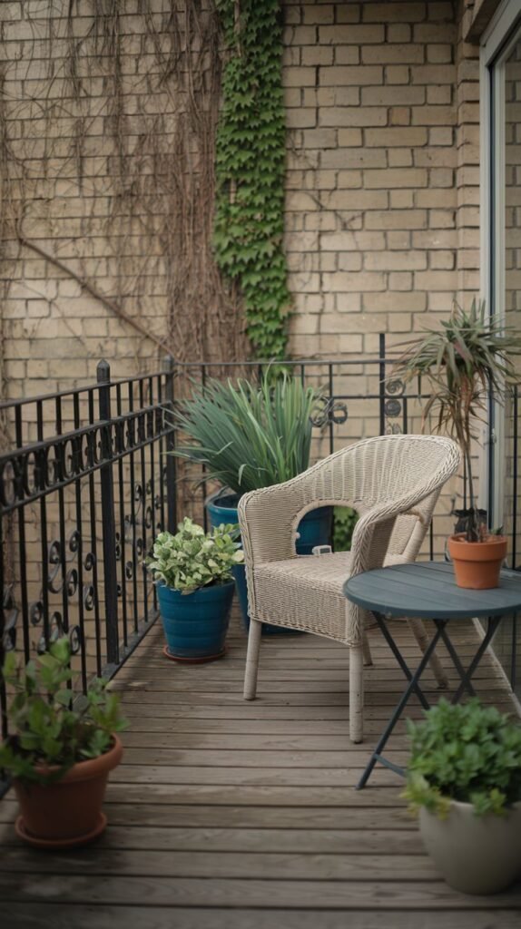 A very small balcony is made cute with a woven armchair and a small round table, complemented by several large potted plants and an ornate black metal railing against a brick wall.
