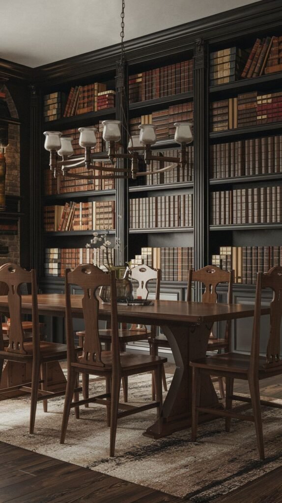 A dark academia dining room or library space with a long dark wooden table and matching chairs. The entire back wall is covered with tall, dark wood bookshelves densely packed with books. A multi-arm chandelier hangs above the table.