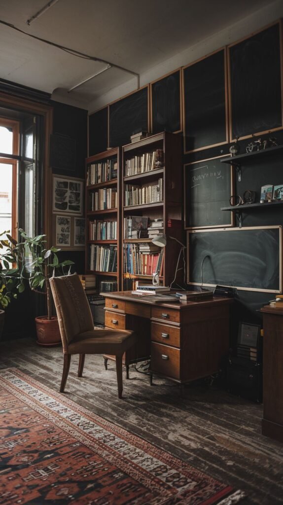 A dark academia study or classroom setting with a wooden desk and a light-colored chair. Tall bookshelves filled with books line the left wall, while the right wall features dark panels that appear to be chalkboards. A large window provides natural light, and a patterned rug is on the wooden floor.
