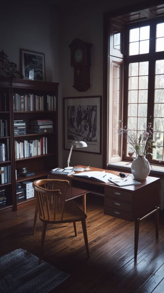 A dark academia study with a light wooden desk and a matching wooden chair. A tall, dark wooden bookshelf filled with books is to the left. A large window with multiple panes overlooks a view of trees. A wall clock and framed art decorate the wall.