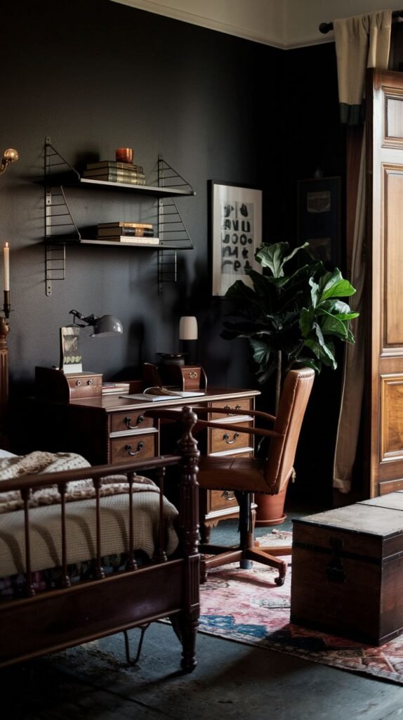 A dark academia bedroom with a dark wooden bed frame in the foreground. A dark wooden desk with a brown leather swivel chair is positioned against the dark wall. Open shelves above the desk hold books and decorative items. A large plant stands next to the desk, and a patterned rug covers the floor.