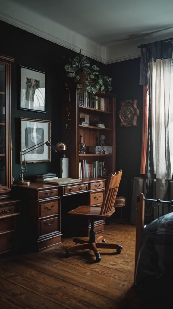 A dark academia bedroom with a dark wooden desk featuring multiple drawers and a matching wooden swivel chair. A large wooden bookshelf filled with books is next to the desk, all set against a dark wall adorned with framed art and a trailing plant. A window with sheer curtains allows light into the room.
