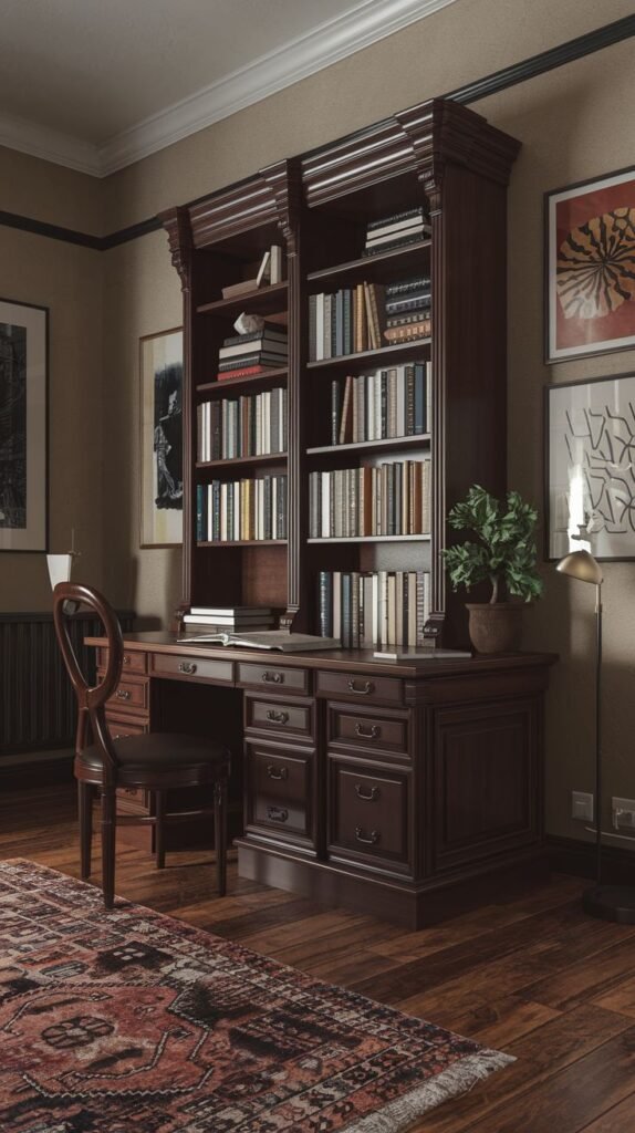 A dark academia study or office with a grand, dark wooden desk and a chair. Behind the desk is a large, ornate dark wooden bookshelf unit, filled with many books and decorative objects. The walls are a mix of dark and light earth tones, and a patterned rug covers the floor.