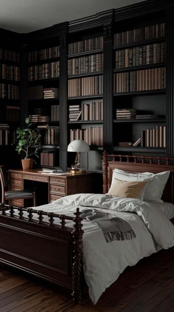 A dark academia bedroom with a substantial dark wooden bed frame with ornate posts. A dark wooden desk with a lamp and a chair is positioned in front of a massive dark wooden bookshelf unit, completely filled with books, against a dark wall.