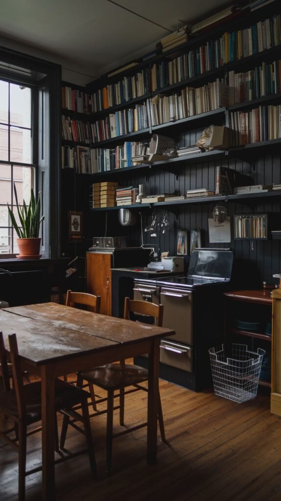 A dark academia kitchen and dining area featuring a simple wooden table and chairs in the foreground. The background reveals dark walls with extensive open shelving packed with books, kitchenware, and various objects. A vintage-style stove is visible, and a large window lets in light.