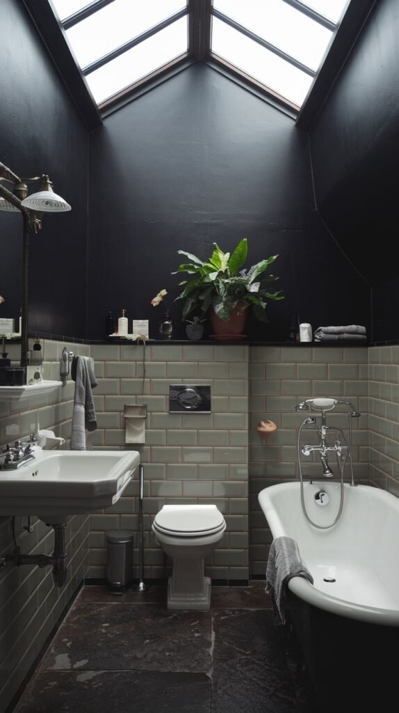 A dark academia bathroom with dark gray tiled walls and a dark ceiling that slopes up to reveal skylight windows. A white clawfoot bathtub, a toilet, and a sink with a wall-mounted shower head are present. A large potted plant sits on a shelf above the toilet.