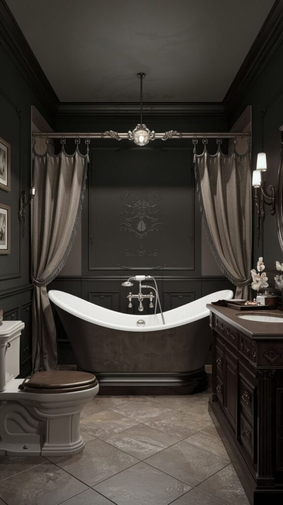 A dark academia bathroom featuring a dark clawfoot bathtub with elegant drapes on either side, set against a dark wall. A dark wooden vanity with a sink is to the right, and a toilet is to the left. The room has a sophisticated and opulent feel.