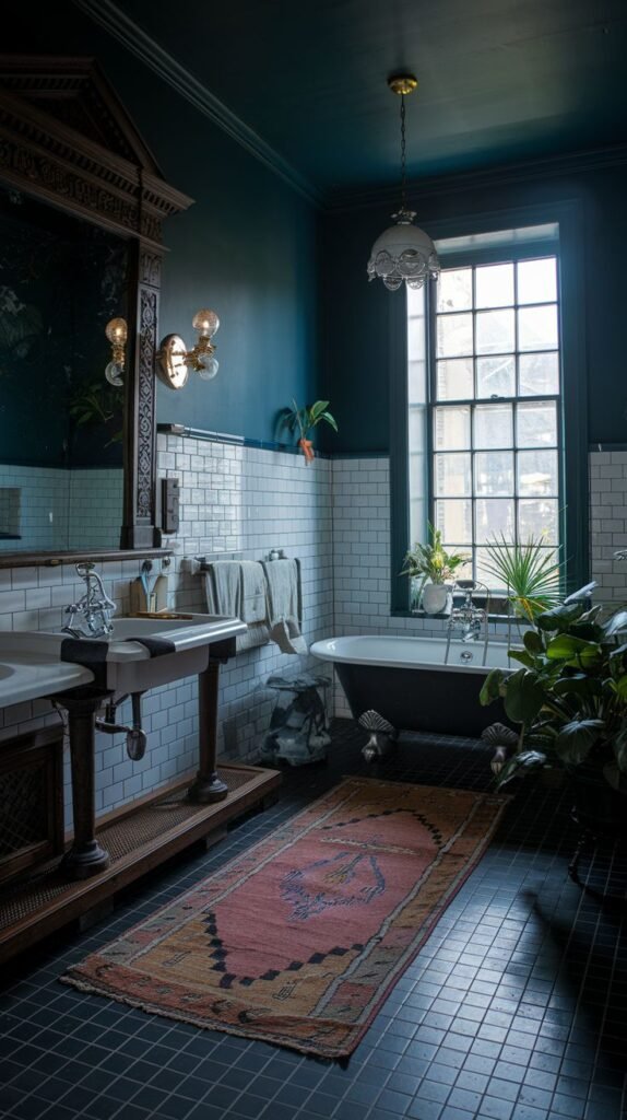 A dark academia bathroom with a large window and a dark clawfoot tub. The walls feature white subway tiles with dark grout below a deep teal-colored upper wall and ceiling. A dark wooden vanity with two sinks is to the left, and a vibrant patterned rug adds color to the dark tiled floor.