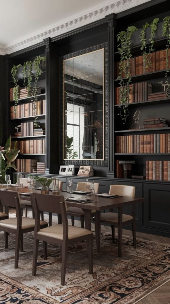 A dark academia dining area or library featuring a long, dark wooden table with beige upholstered chairs. The room is dominated by tall, dark built-in bookshelves filled with books, and a large antique-style mirror is integrated into the shelving. Trailing green plants hang from the top of the bookshelves, and a patterned rug covers the floor.