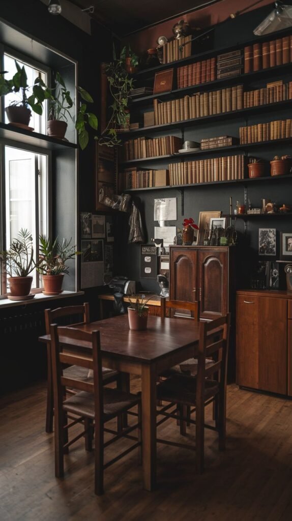 A dark academia kitchen or dining room with a square wooden table and four chairs. The room has dark walls lined with open shelving densely packed with books, as well as various kitchen items and decorative objects. A large window with plants on the sill brightens the space.