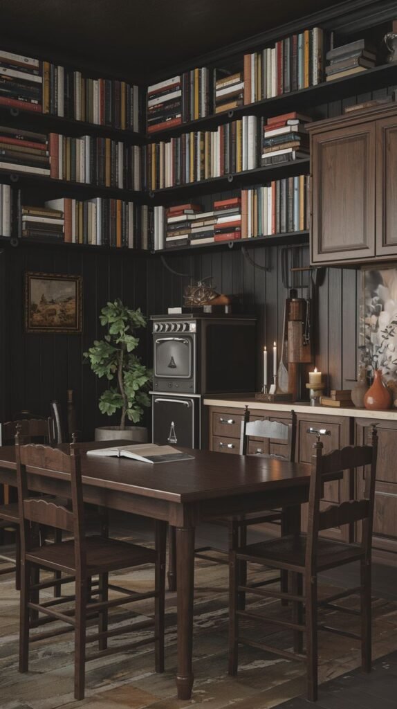 A dark academia dining area or library with a dark wooden table and chairs. The walls are predominantly dark wood paneling, featuring extensive open shelves filled with books and decorative items. A vintage-style oven and candles add to the atmospheric lighting.