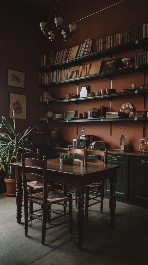 A dark academia kitchen and dining area featuring a long wooden table with three chairs, set against a dark reddish-brown wall with open shelves filled with books and various kitchen items. A large green plant sits in the corner, and a multi-bulb chandelier hangs overhead.