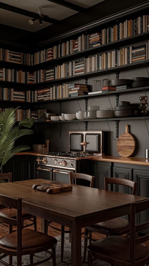 A dark academia kitchen with a large dark wooden dining table and chairs in the foreground. The background features dark cabinetry and walls, with extensive open shelving displaying many books and stacks of dark plates and bowls. A vintage-style stove with copper accents is visible.