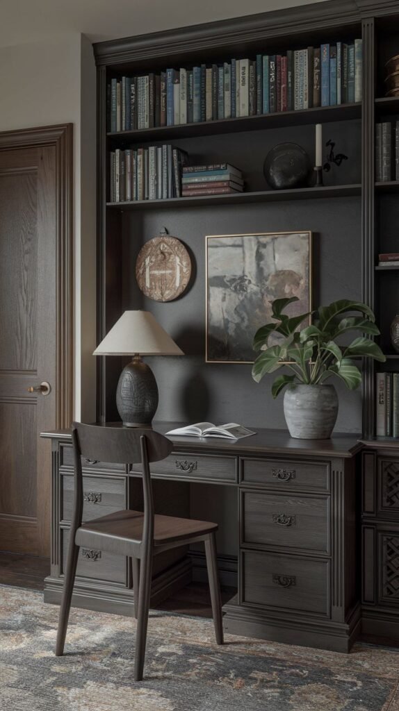 A dark academia study corner with a large, dark wooden desk featuring multiple drawers and an open book. A matching wooden chair is positioned in front of it. Behind the desk, a tall, dark wood bookshelf is filled with books, and decorative items like a patterned plate and framed art adorn the dark wall.
