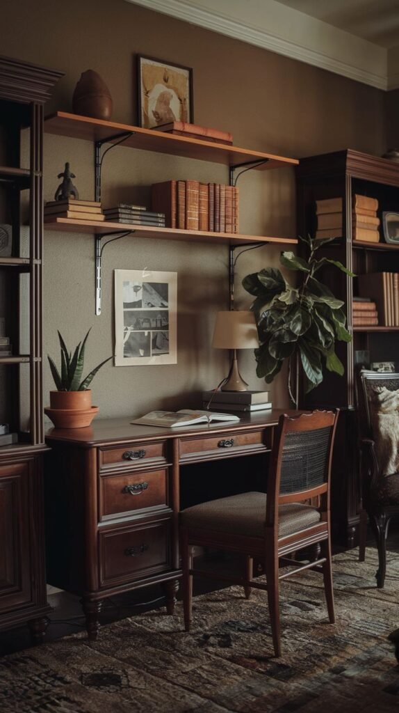 A dark academia study or office space with a rich wooden desk and a chair with a cane back. The wall is a muted earthy tone with floating wooden shelves holding books and decorative objects. A large leafy plant in a pot sits on the floor, and a patterned rug covers the floor.