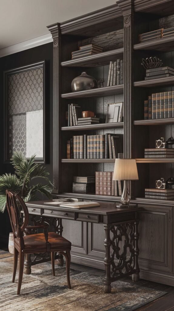 A dark academia home office featuring a dark wooden desk with ornate carved legs and a comfortable-looking leather armchair. Behind the desk stands a grand, dark wooden built-in bookshelf, overflowing with books and some decorative elements, set against a dark wall.