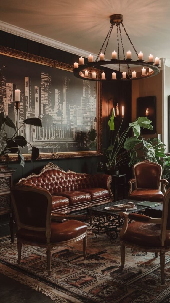 A dark academia living room scene with a classic tufted brown leather sofa and several matching armchairs arranged around a dark coffee table. A large, dark-framed artwork featuring a city skyline dominates the wall, and a large candle chandelier hangs from the ceiling. Multiple plants add a touch of green.