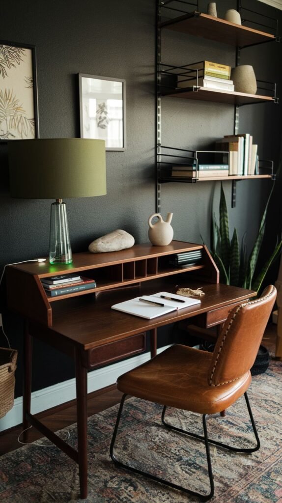A dark academia study space with a mid-century modern-style wooden desk and a brown leather chair with metal legs. Open shelving against a dark wall holds books and decorative items. A large green lamp and a plant are also visible on or near the desk.