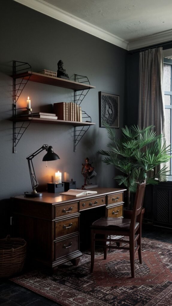 A dark academia study with a large, dark wooden desk illuminated by a black desk lamp and flickering candles. Open shelves above the desk hold books and small decorative items. A large potted plant sits next to a window with dark curtains, and a richly patterned rug covers the floor.