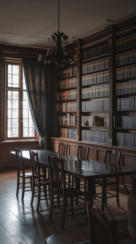 A dark academia library or dining hall with tall, dark wooden bookshelves brimming with books lining the wall. A long, dark wooden table and multiple chairs occupy the center of the room. A large window with patterned drapes allows natural light to enter, and a dark, ornate chandelier hangs from the ceiling.