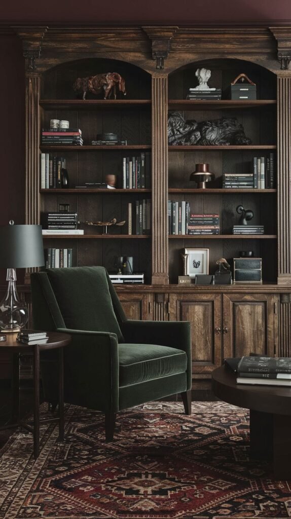 A dark academia reading nook or study with a comfortable dark green velvet armchair. Behind it is a grand, dark wooden bookshelf filled with books and various decorative objects, including busts and animal figures. A richly patterned rug covers the floor.
