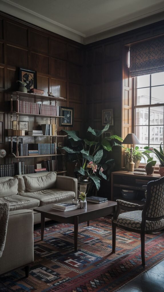 A dark academia living room or study with a light-colored sofa and a dark wooden coffee table. The wall features dark wood paneling and open shelves filled with books and framed pictures. A large window with patterned blinds is to the right, and a large plant sits next to it. A vibrant, patterned rug covers the floor.
