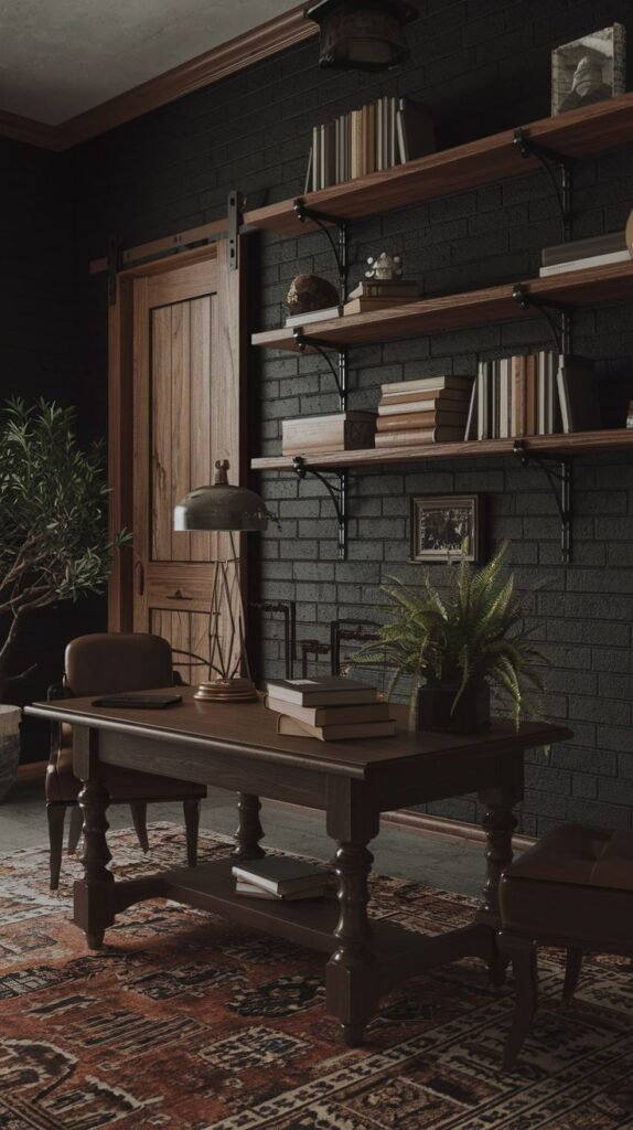 A dark academia study with a long, dark wooden desk and a wooden chair. The wall behind features exposed black brick with two long wooden shelves holding books and various objects. A rustic wooden sliding door is visible to the left, and a patterned rug covers the floor.