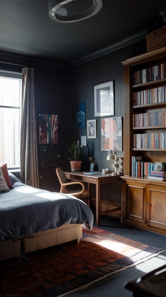 A dark academia bedroom and study combination. A bed with light blue bedding is in the foreground, and a wooden desk with a chair is positioned next to a large wooden bookshelf filled with books. The room has dark walls, and sunlight streams through a large window onto a patterned rug.