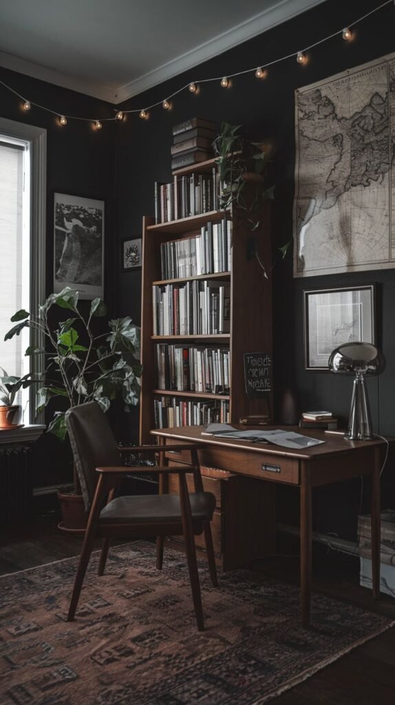 A dark academia study or bedroom with a wooden desk and a dark upholstered chair. A tall, freestanding wooden bookshelf filled with books stands against a dark wall adorned with maps and framed art. String lights hang across the top of the room, adding a warm glow.