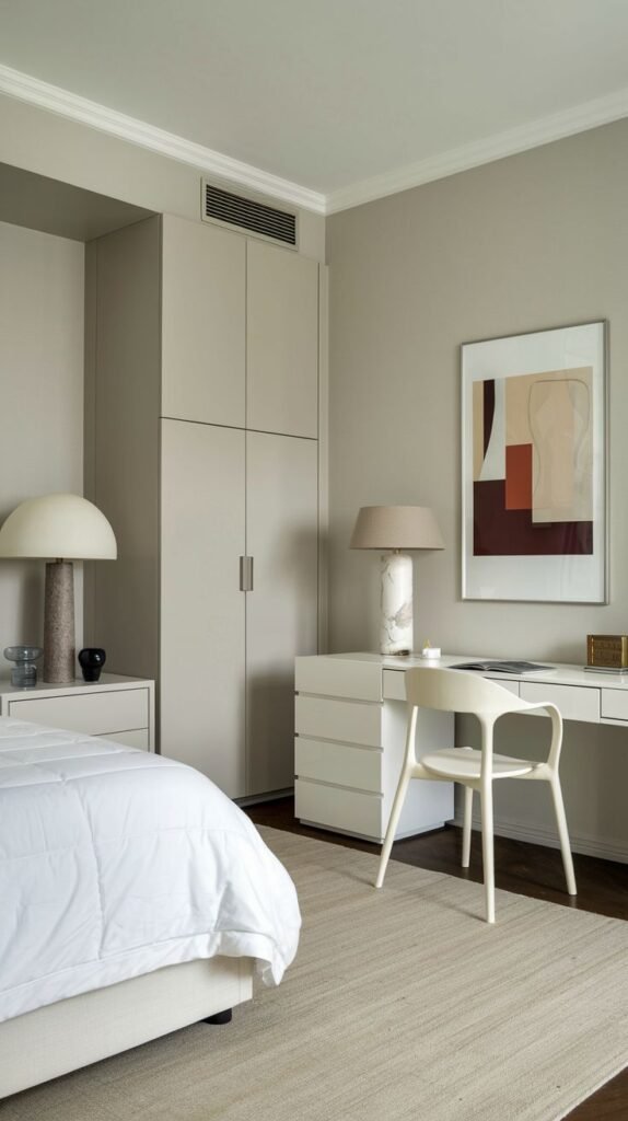 A dazzling minimalist and serene bedroom in an apartment with neutral beige walls and built-in wardrobes. A white bed and a clean white desk with a matching chair are present, accompanied by two large lamps and a framed abstract artwork.