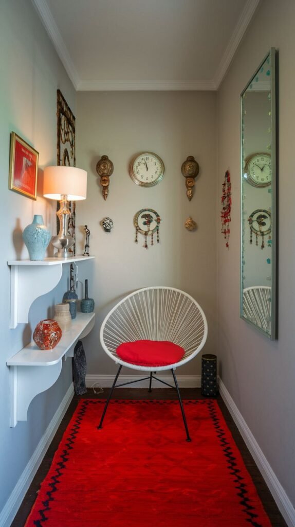 A dazzling narrow, cozy nook in an apartment furnished with a unique white rope chair featuring a red cushion. A white floating shelf holds various decorative items, and a tall rectangular mirror reflects the vibrant red rug.