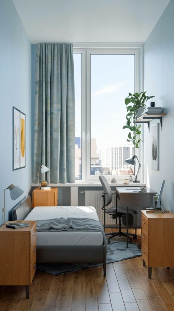 A delightful, small bedroom with light blue walls and a single bed with grey bedding. The room features a large window with blue patterned curtains, a desk area with a chair, and wooden nightstands with lamps. A plant on a wall shelf adds a touch of greenery.