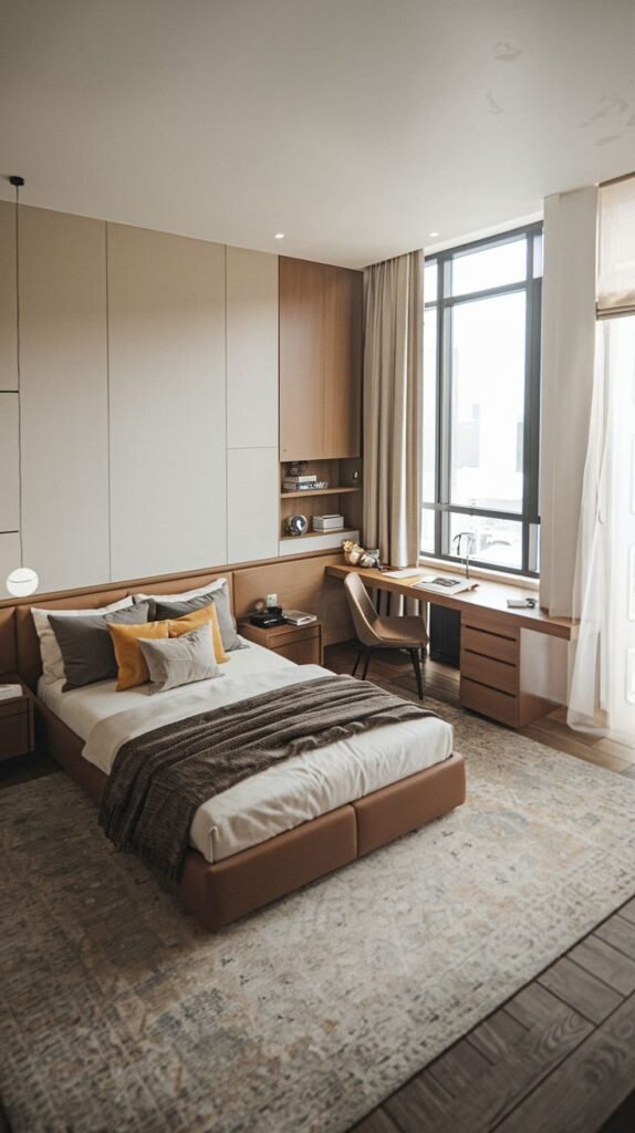 A delightful bedroom featuring a mix of beige and wooden paneled walls, a large window, and a king-sized bed with brown and yellow accents. The small space integrates a sleek, built-in desk area by the window and is grounded by a light-colored patterned rug.