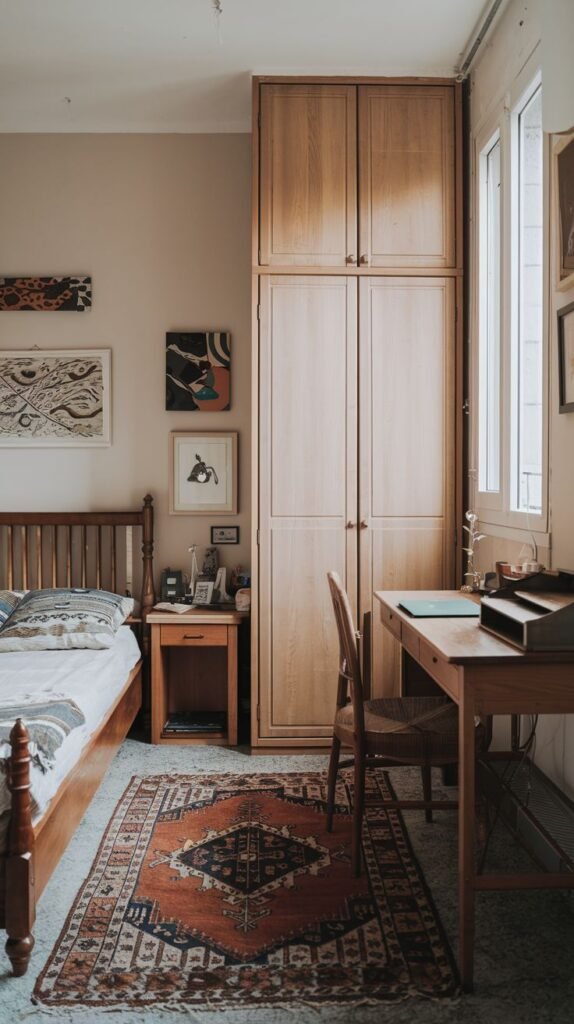 A small bedroom with light beige walls, a traditional wooden bed, and a tall wooden wardrobe. The room includes a classic wooden desk with a chair, a vibrant patterned rug, and several framed artworks on the walls.