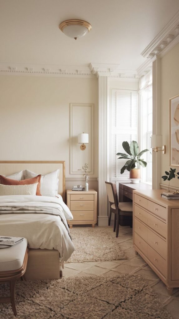 A delightful bedroom with light beige walls, a bed with a cream upholstered headboard, and a large window featuring white plantation shutters. The small space is organized with a wooden dresser and a designated desk area with a dark chair.