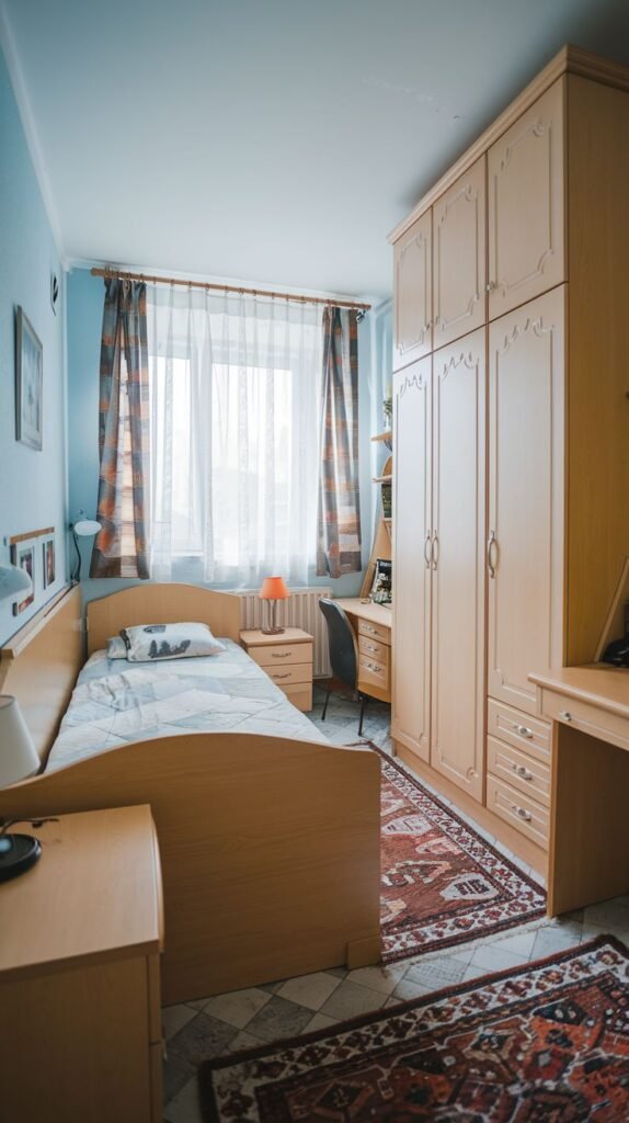 A delightful, small bedroom with light blue walls, a single wooden bed, and a large wooden wardrobe with decorative carvings. The room has patterned curtains, a compact desk with a chair, and a distinctive red patterned rug.