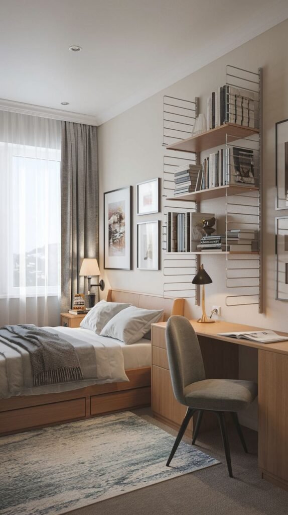 A delightful bedroom with light beige walls, a wooden bed frame equipped with storage drawers, and a large window. The small space is efficiently designed with wall-mounted shelving systems filled with books and a wooden desk area with a grey chair.