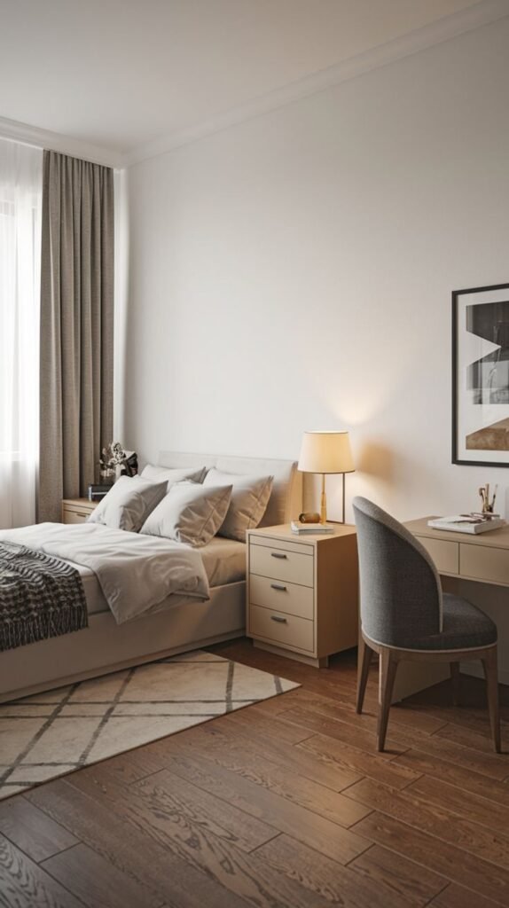 A delightful bedroom with clean white walls, a bed with light-colored bedding, and a window with elegant grey curtains. The small space is simply furnished with a wooden nightstand holding a lamp and a coordinating desk area with a grey chair.