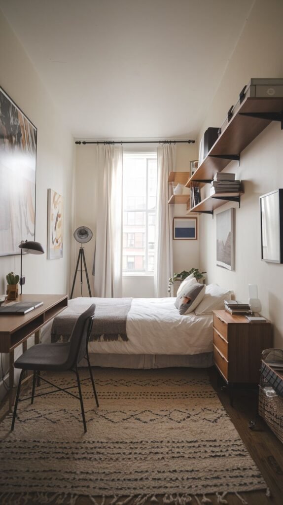 A delightful, small bedroom with light beige walls, a single bed with white bedding, and a window with white curtains. The room makes good use of space with a wooden desk, multiple wall-mounted shelves, and a textured patterned rug.