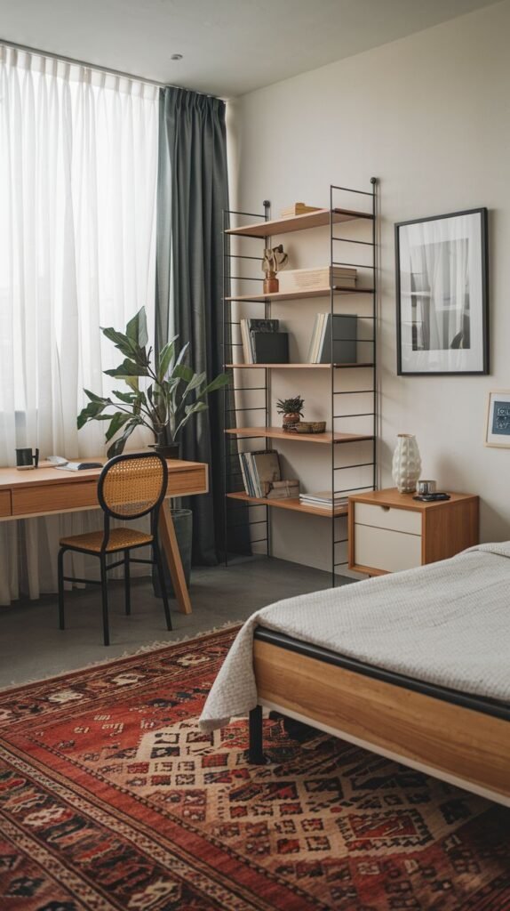 A delightful bedroom with light grey walls, a wooden bed, and a large window featuring both sheer white and dark grey curtains. The small space includes a stylish wooden desk with a cane chair, a tall metal and wood shelving unit, and a prominent red patterned rug.