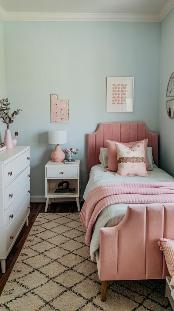A delightful, small bedroom, predominantly in soft light blue and pink tones, designed for a child or young person. It features a pink velvet upholstered bed, a white dresser, a matching white nightstand, and a geometric patterned rug.