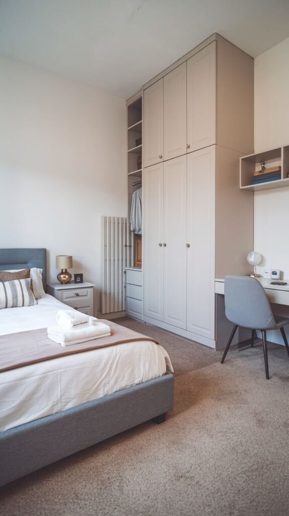 A delightful, small bedroom with light beige walls, a bed with neutral-toned bedding, and a substantial, light grey built-in wardrobe. The room also incorporates a compact desk area with a grey chair and is carpeted in a light color.