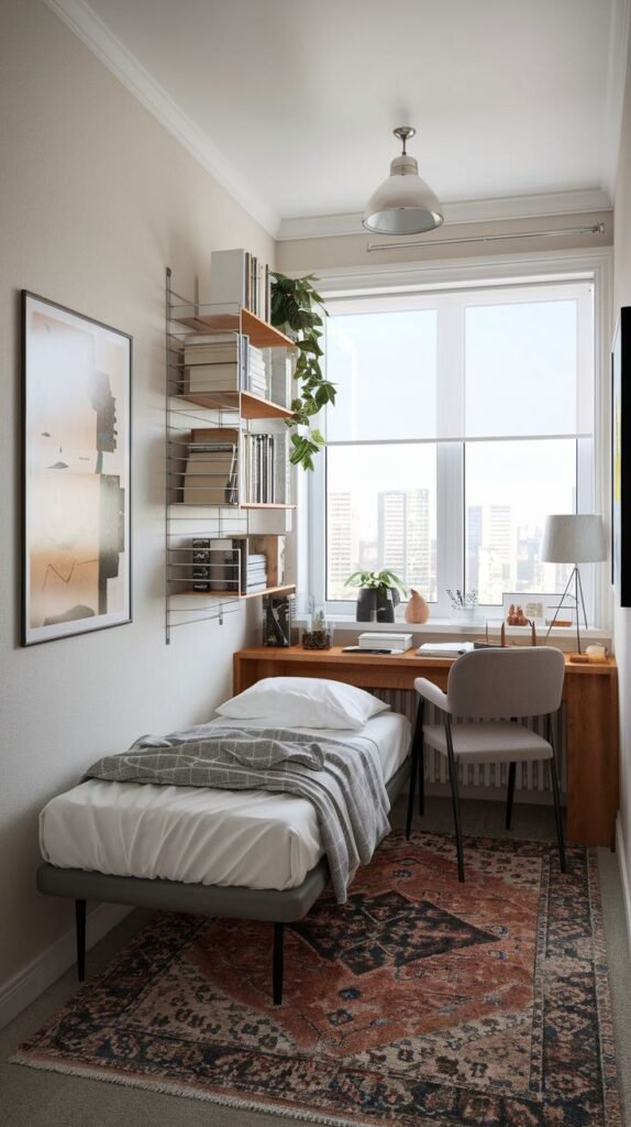 A delightful, small bedroom with light beige walls, a single bed, and a wooden desk positioned under a large window. The space is enhanced by wall-mounted shelves filled with books and plants, and a prominent red and black patterned rug.