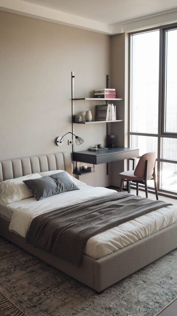 A delightful bedroom with light beige walls, a bed with a grey ribbed headboard, and a large floor-to-ceiling window. The small space is efficiently designed with a wall-mounted desk and floating shelves above it.
