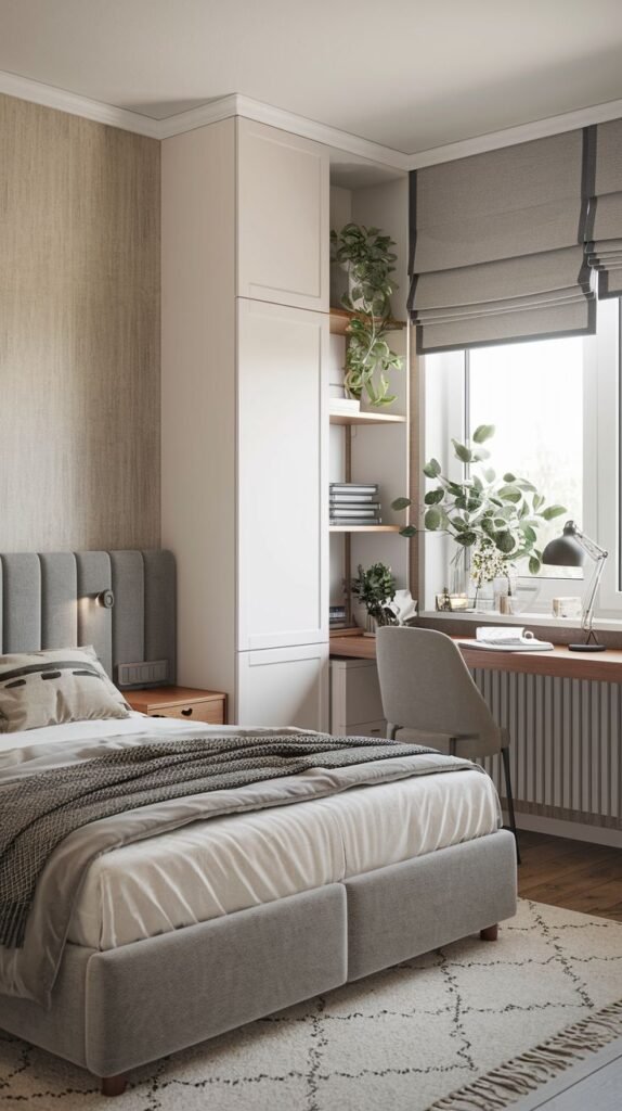 A delightful bedroom with beige textured wallpaper on one wall, a bed with a grey upholstered headboard, and a window with roman blinds. The small space features a built-in wardrobe, shelves with vibrant green plants, and a comfortable desk area.